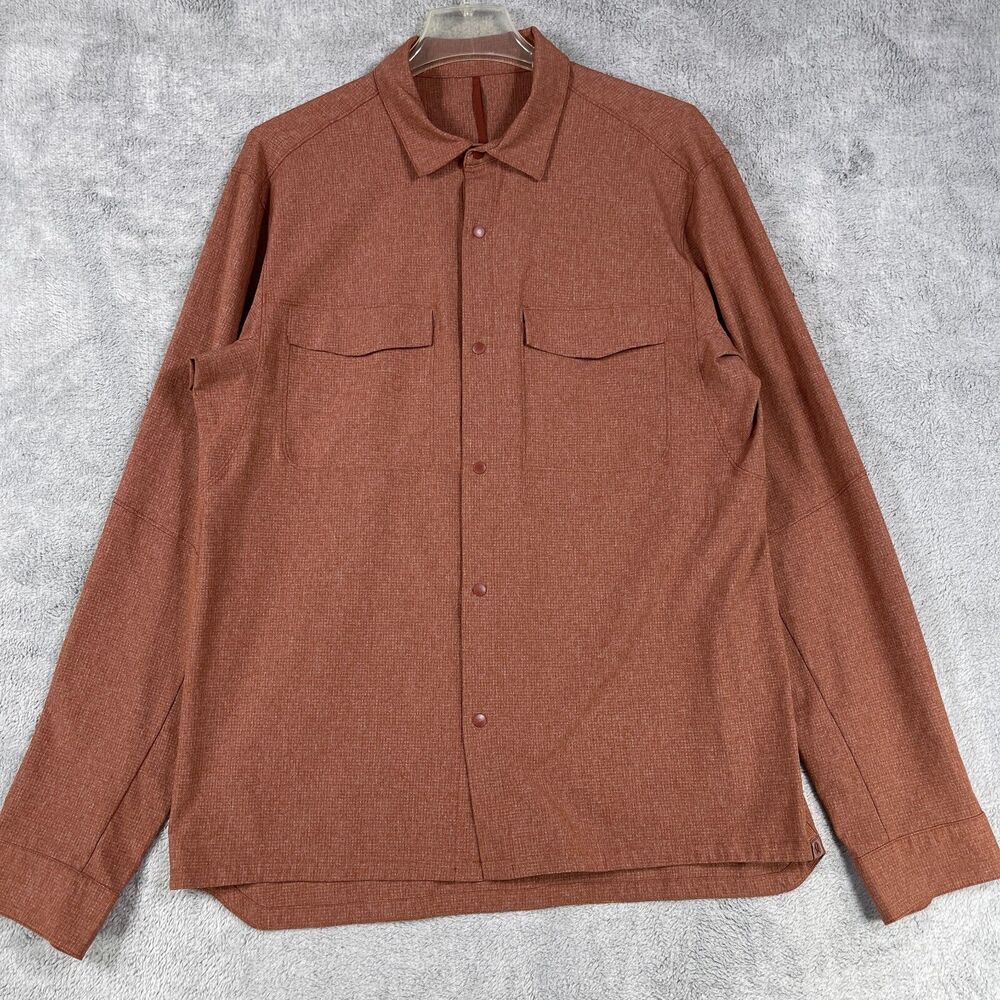 Lululemon Airing Easy Shirt Men Large Terracotta Waffle Pocket Long-Sleeve Snap